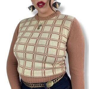 1950's JOHN MEYER cream and beige plaid crew neck sweater.